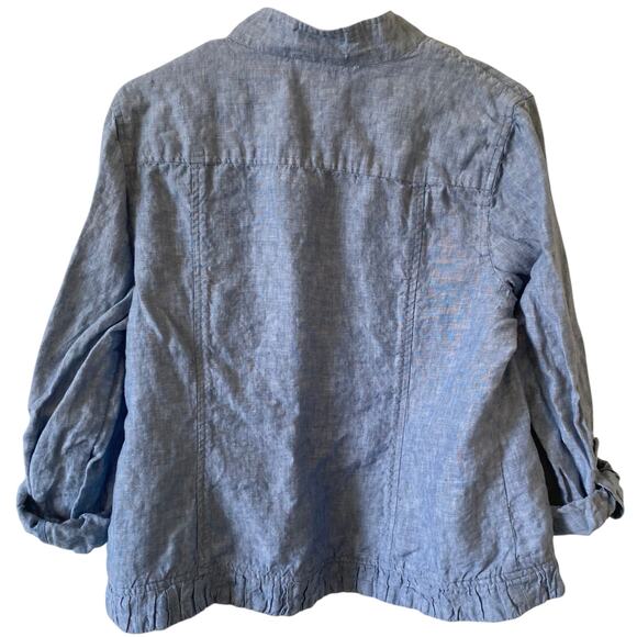 CHICO'S Linen Jacket Open Front 12 Chambray Blue Ripple Trim Roll Tab Sleeve - Picture 3 of 4